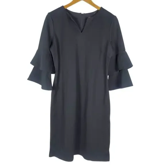 J McLaughlin Letty Dress Sz M Black Tiered Bell Sleeve Bainbridge Cloth Stretch - Picture 2 of 14